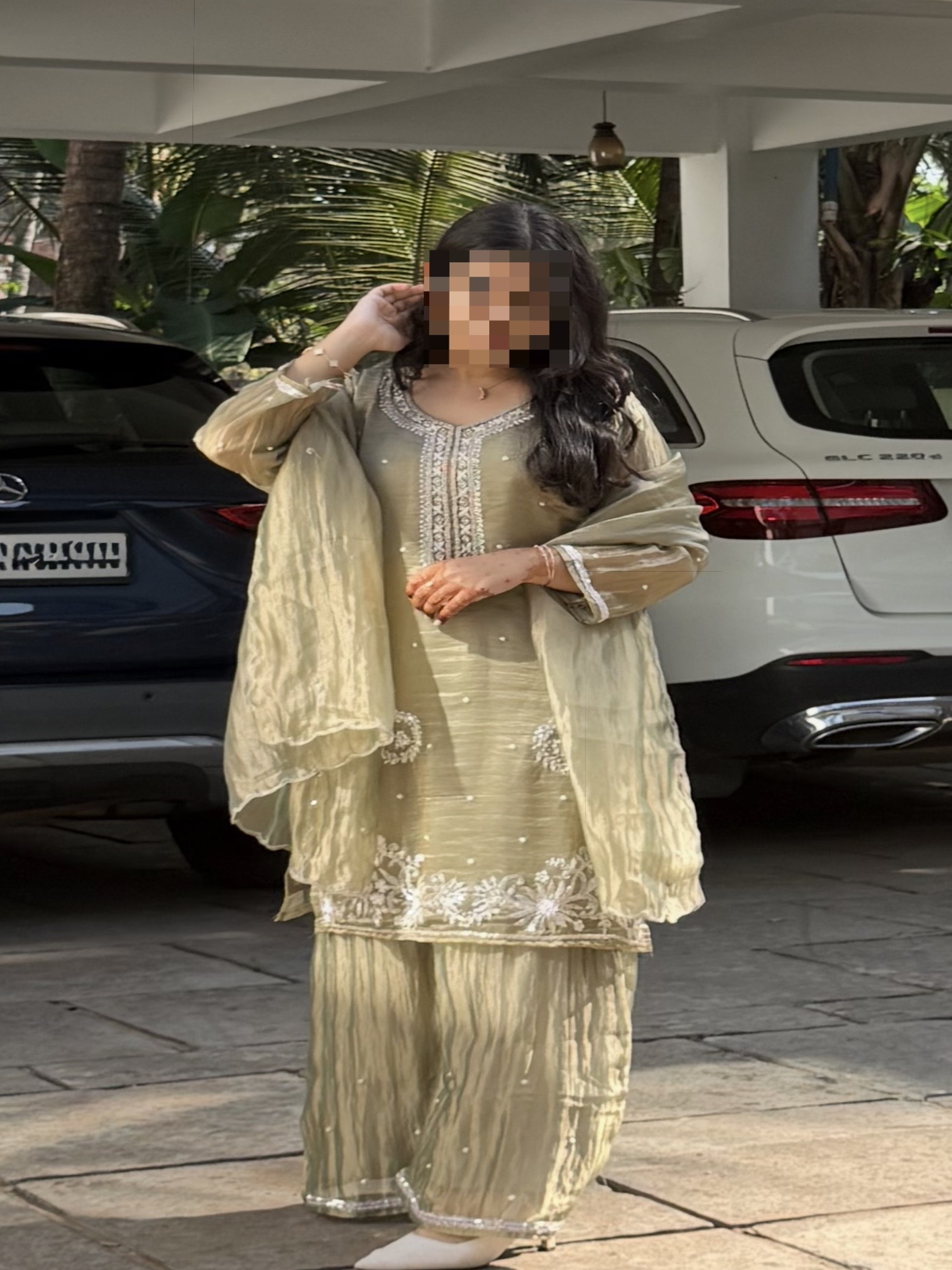 Beautiful Crushed Tissue Silk Handworked Partywear Suits with Dupatta and Palazzo Bottom