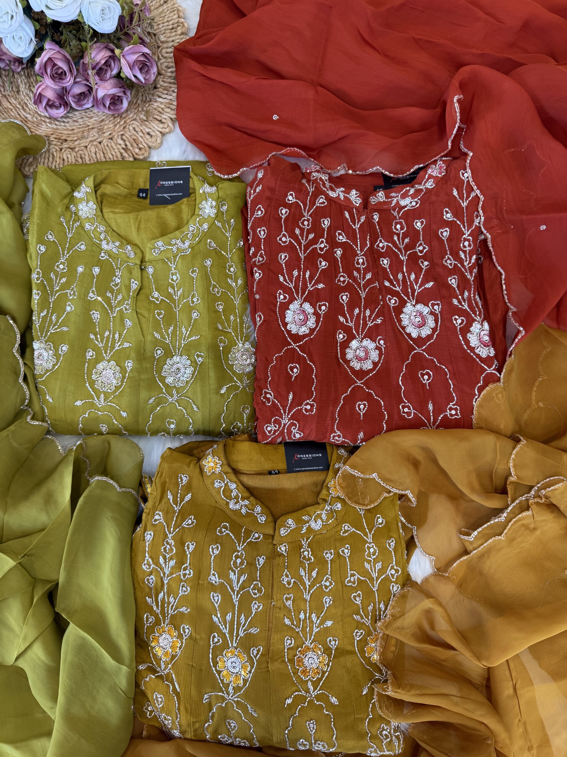 Beautiful Chinnon Handworked Partywear Suits with Organza Dupatta.
