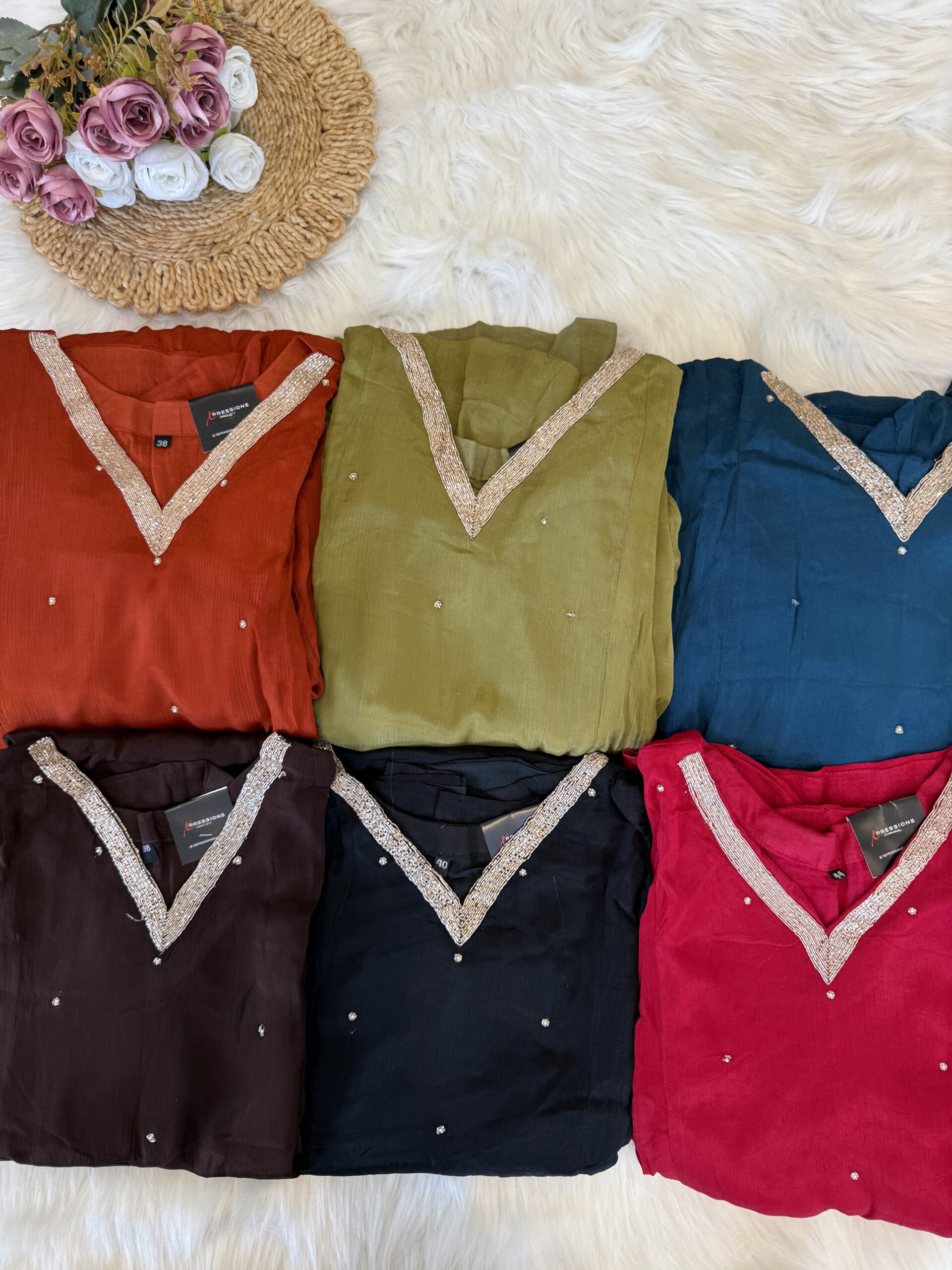 Beautiful Chinnon Panel Cut Partywear Suits with Delicate Handwork and Organza Dupatta.