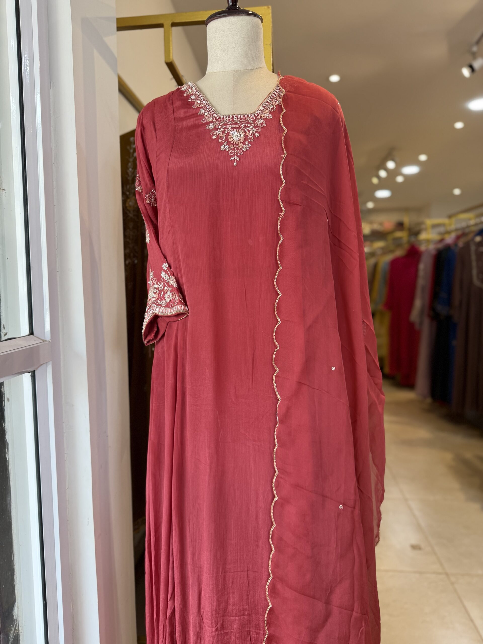 Flowy Chiffon Flared Handworked Gown paired with Organza Dupatta