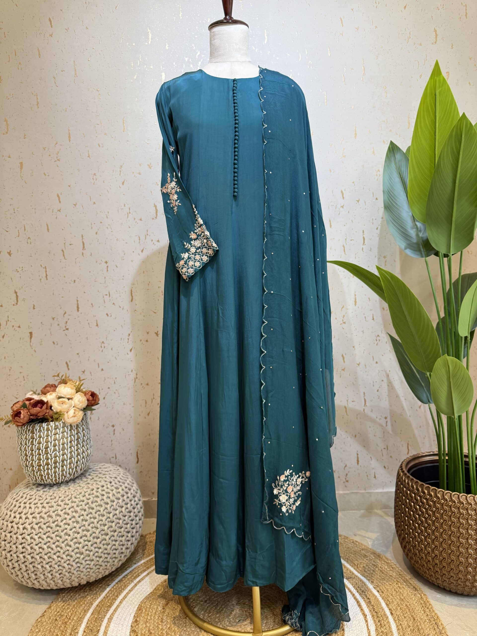 Gorgeous Hand worked Crape Silk Flared Gown paired with Flowing Chinnon Silk Dupatta