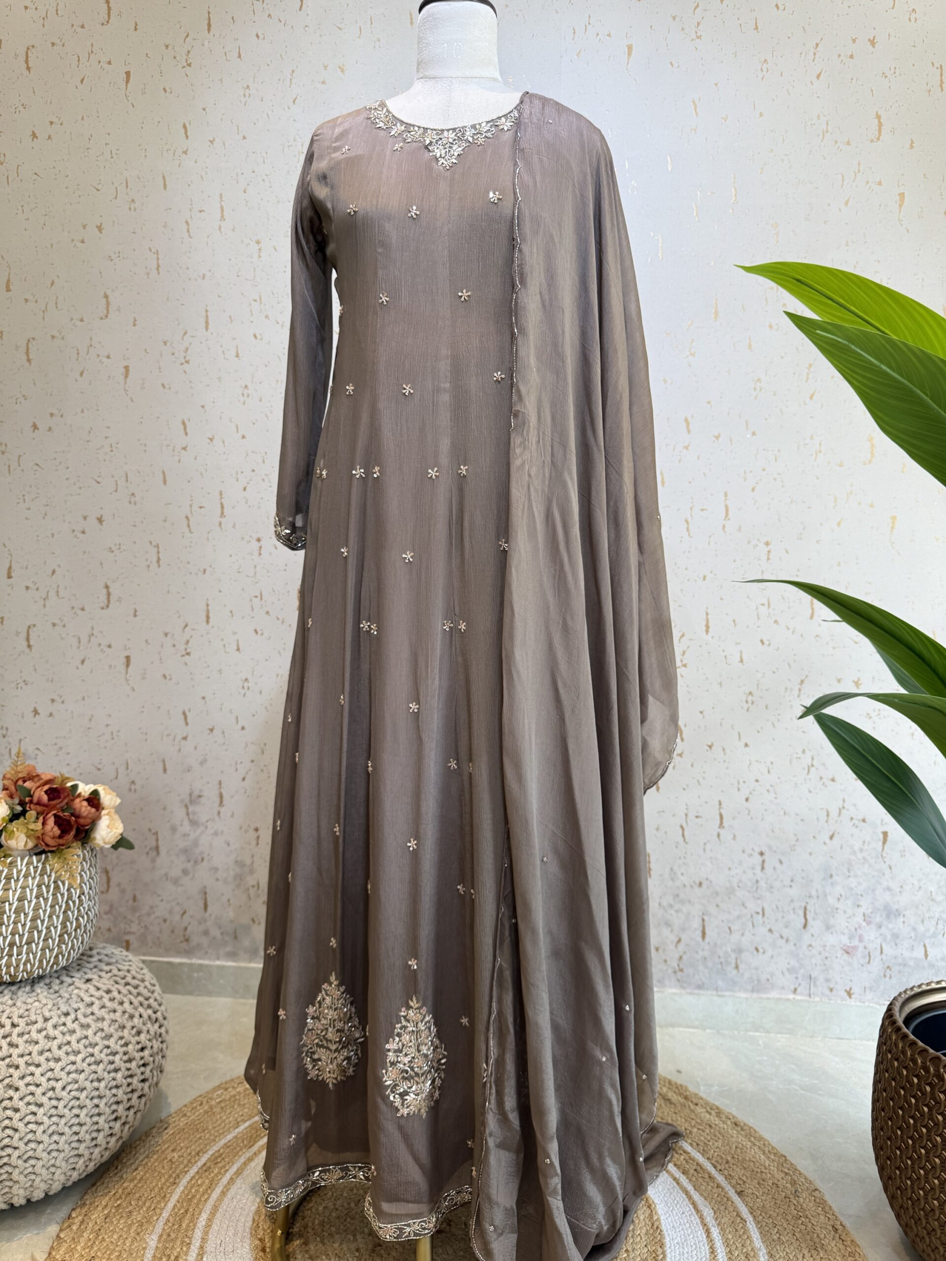 Premium Chinnon Handworked Partywear Gown with Dupatta.