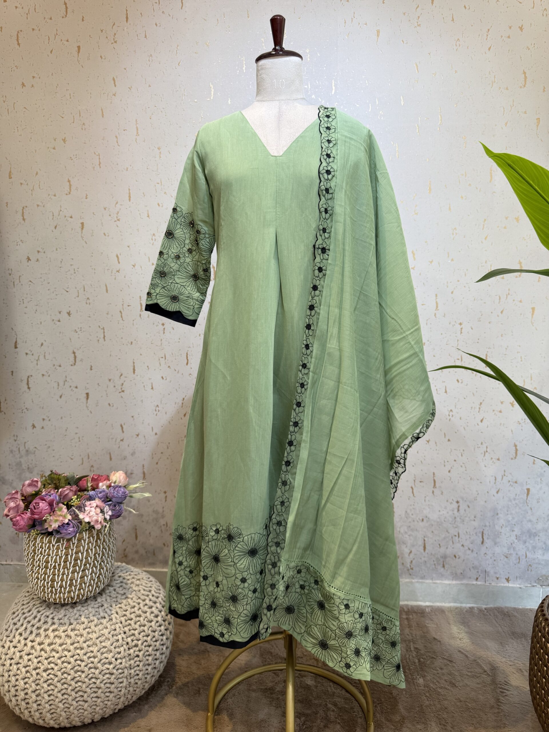 Beautiful Surat Mul Chanderi A-line Suits with Intricate Embroidery.