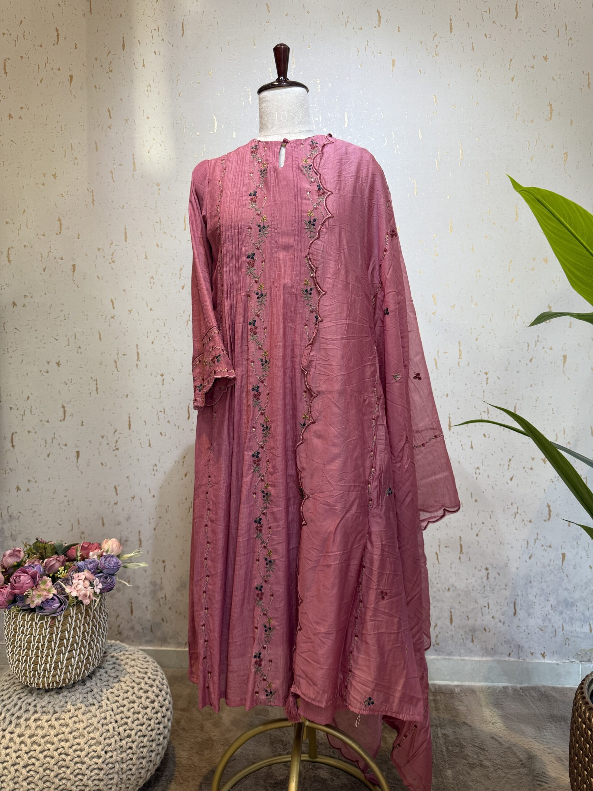 Elegant Crushed Chanderi A-Line Embroidered Suits