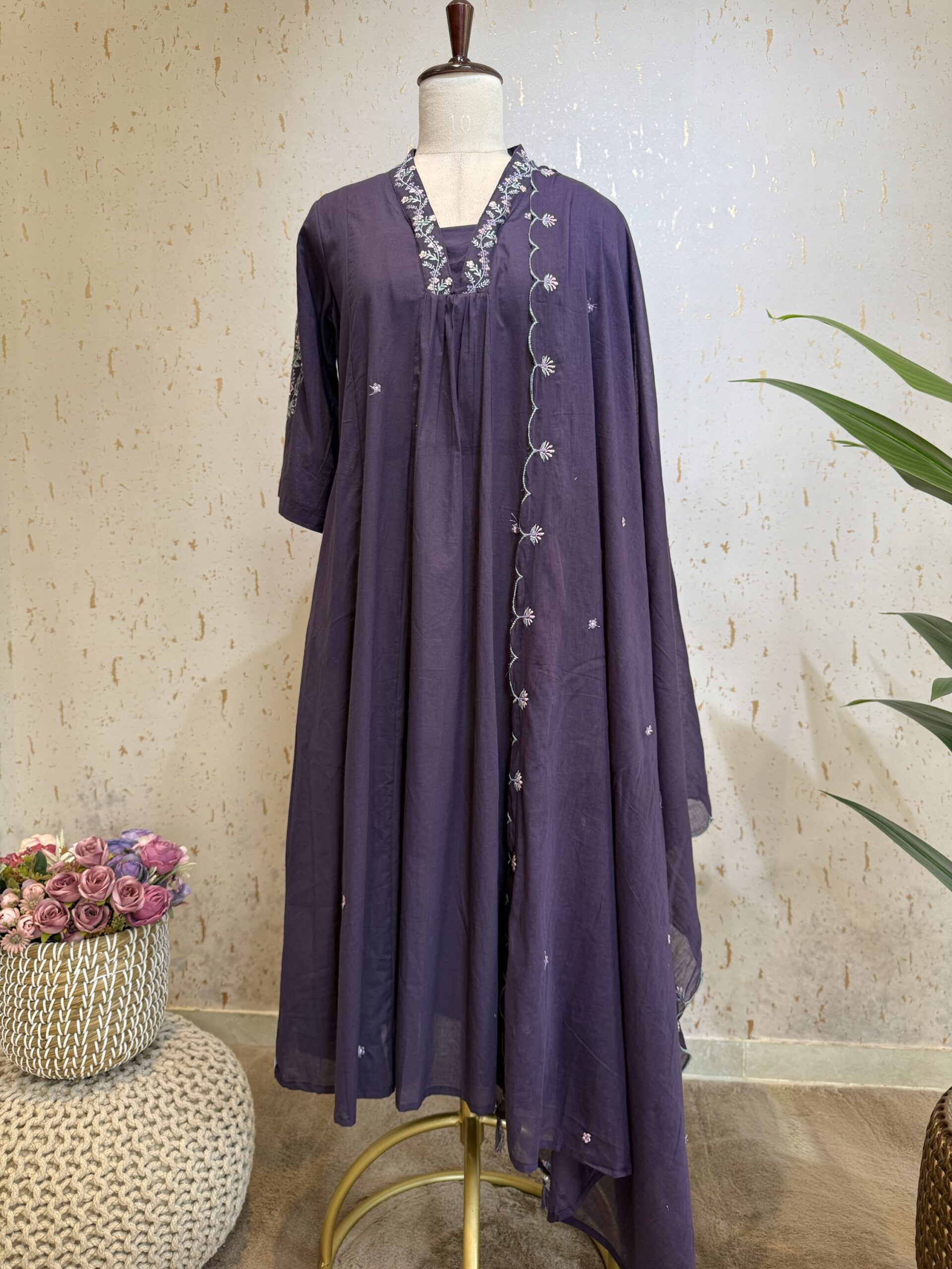 Beautiful Cotton A-line Comfy suits Detailed with Delicate Embroidery and Mul Cotton Dupatta
