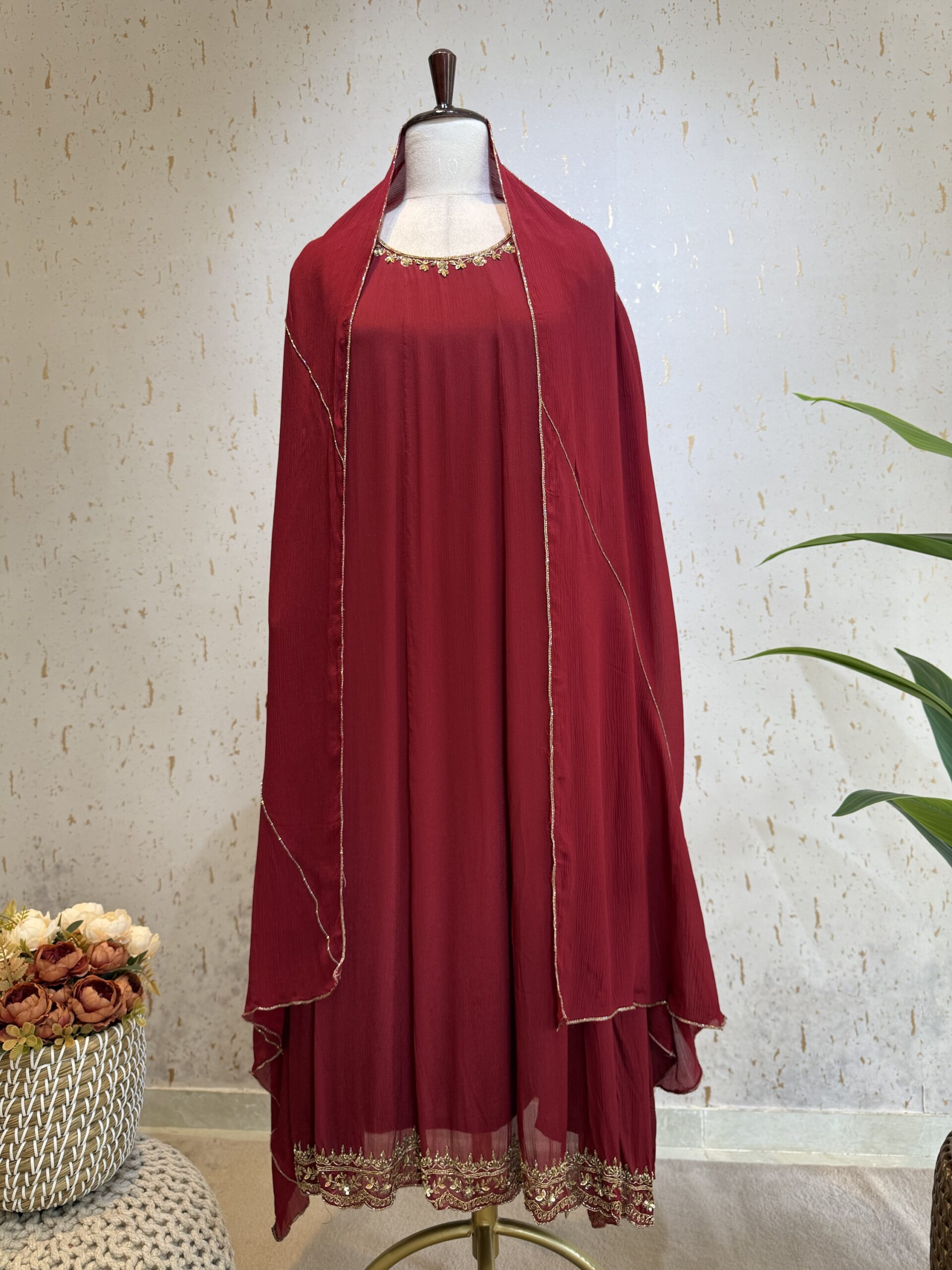 Premium Anarkali Chinnon Panel cut Suit with Elegant Handwork paired with Chinnon Dupatta.