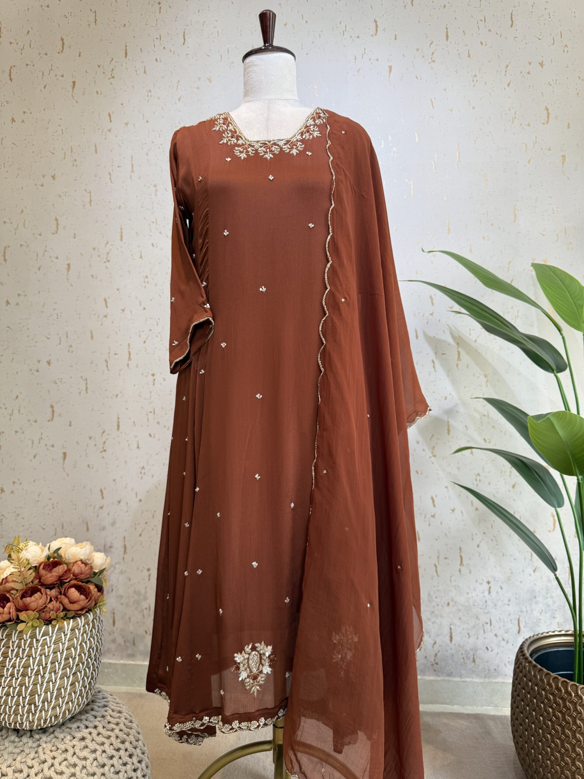 Premium Flared Chinnon Silk Anarkali Hand worked Suits with Organza Dupatta