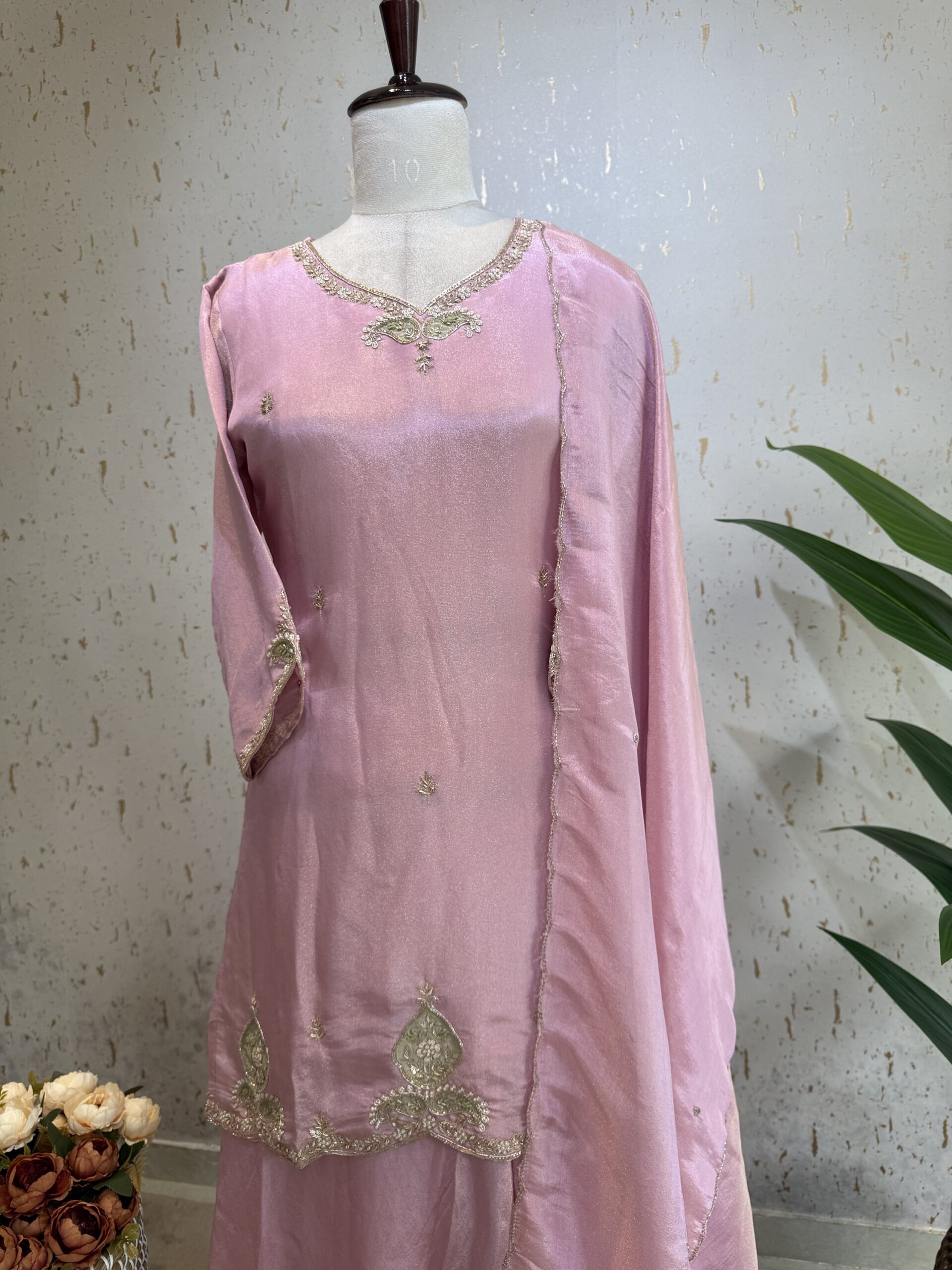 Beautiful Tissue Silk Suit with Handwork and Pallazo Bottom in Short Concept.